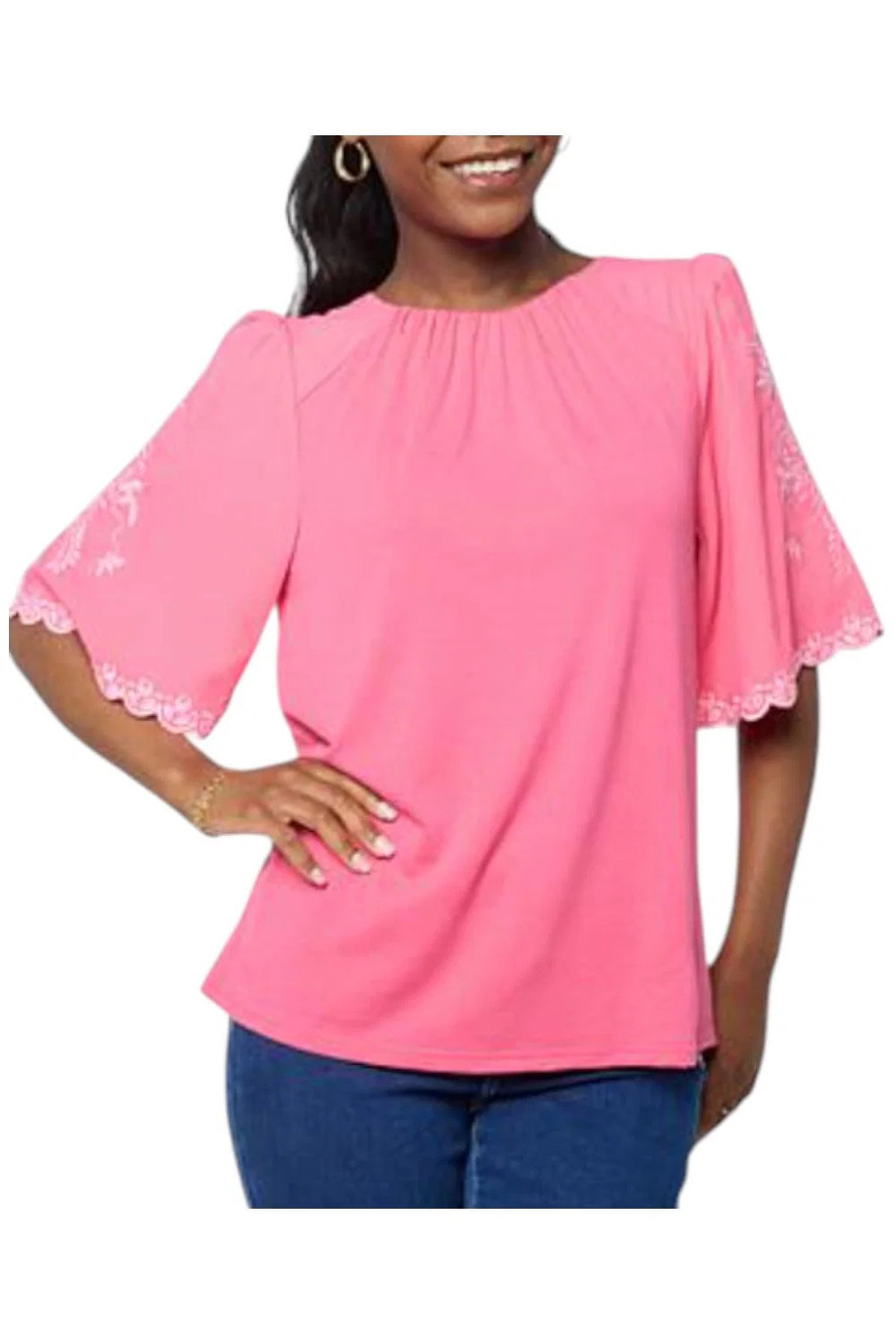 DG2 by Diane Gilman Women's Embroidered Sleeve Top Flamingo - Plus